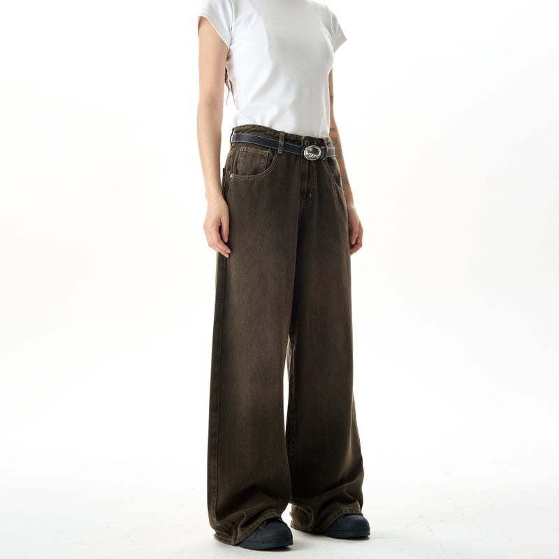 American Style High Street Vintage Wash And Dye Brown Jeans Men'S And Women'S Cleanfit Loose Straight Wide Leg Draping Pants - Image 4
